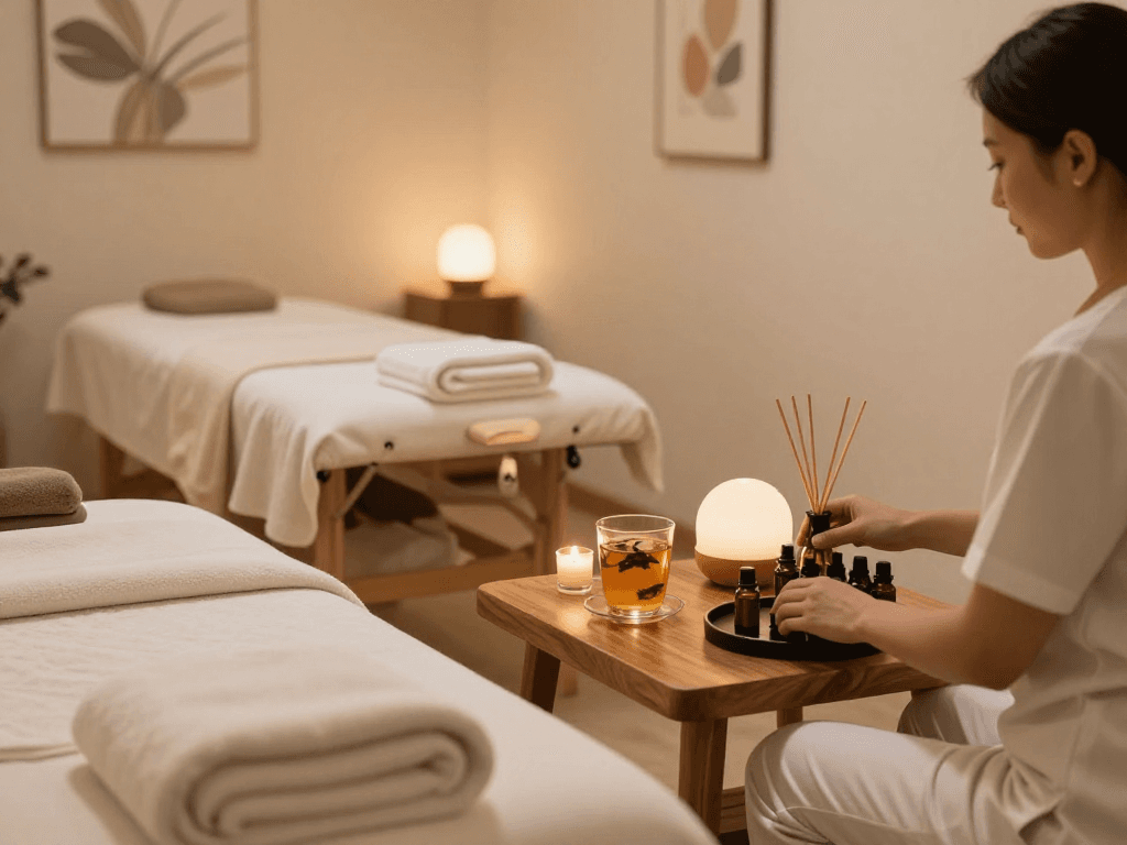 Relaxation area at Balanced Massage showcasing mantra88 essential oils and calming ambiance.