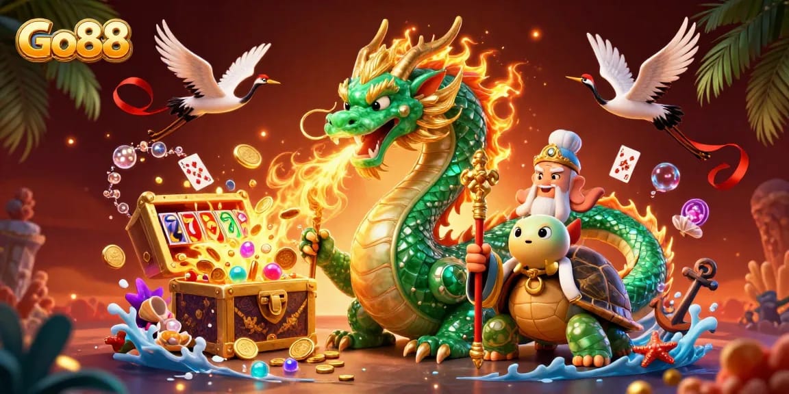 Go88 offers thrilling slots and jackpot adventures with a magnificent jade dragon illustration.