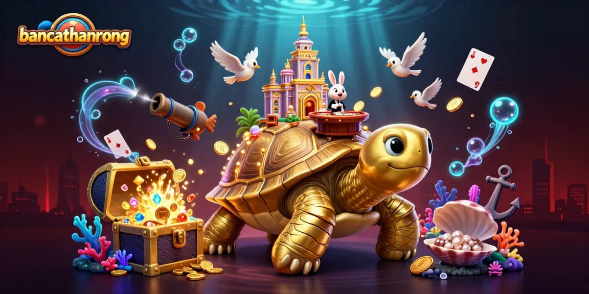 Engage with bancathanrong's vibrant casino world featuring a golden tortoise and dynamic gaming elements.