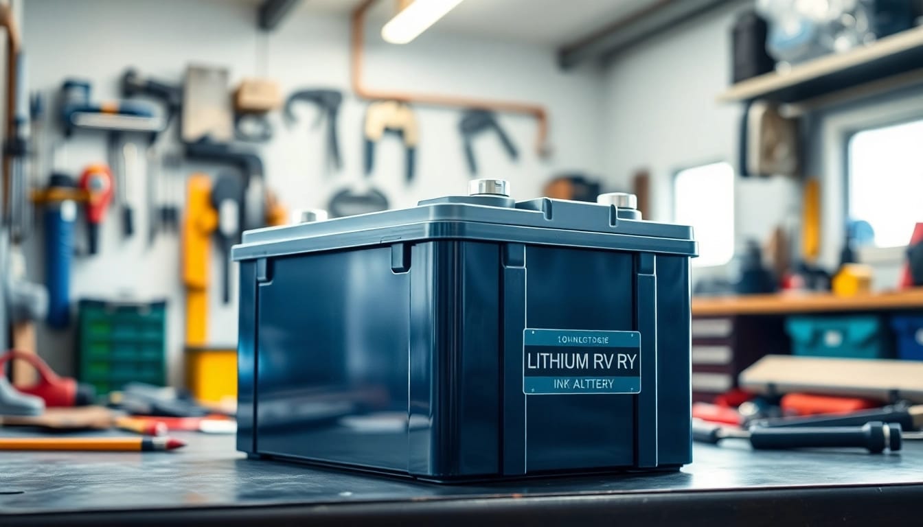 Highlighting lithium RV batteries in a workshop, showcasing advanced design and technology for RV enthusiasts.