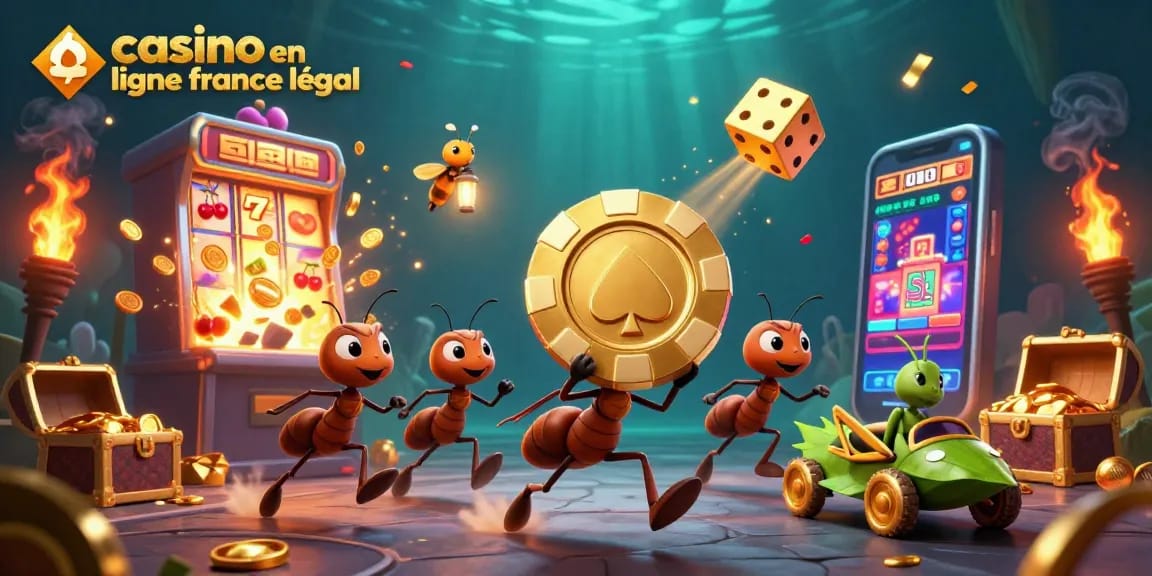 Visualisation dynamique d'une équipe de fourmis transportant un jeton de poker doré dans un tunnel, représentant le casino en ligne France légal.