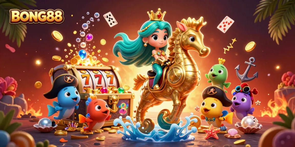 BONG88 offers thrilling underwater adventures with mermaids and pirate fish in a vibrant casino-inspired scene.
