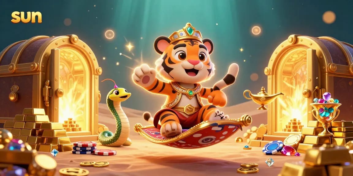 Experience sun-soaked casino magic with a tiger sultan on a carpet of poker chips.