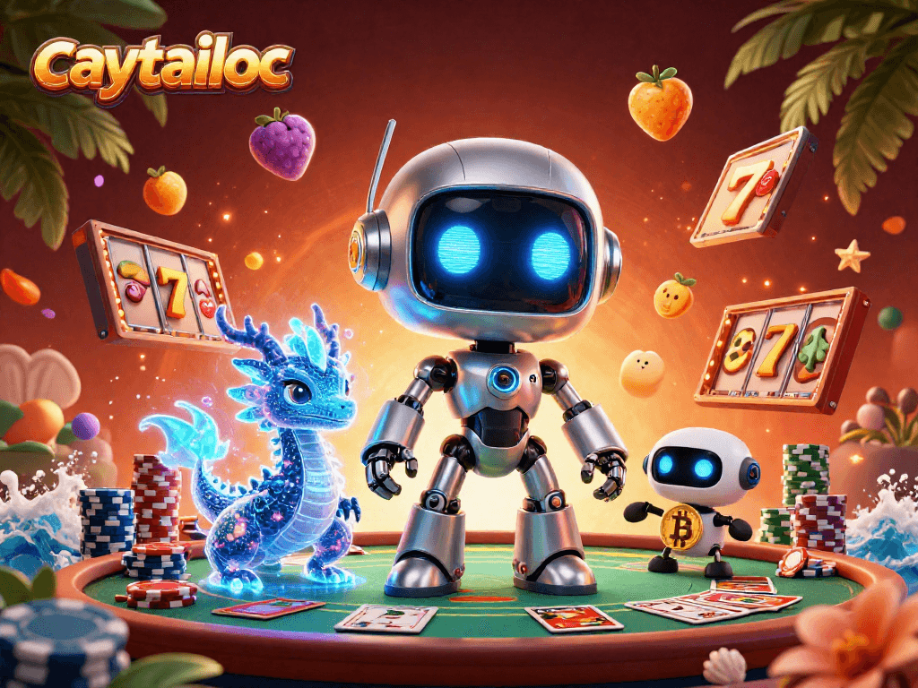 Engage with caytailoc to play thrilling slots, featuring vibrant characters amidst rich casino elements.