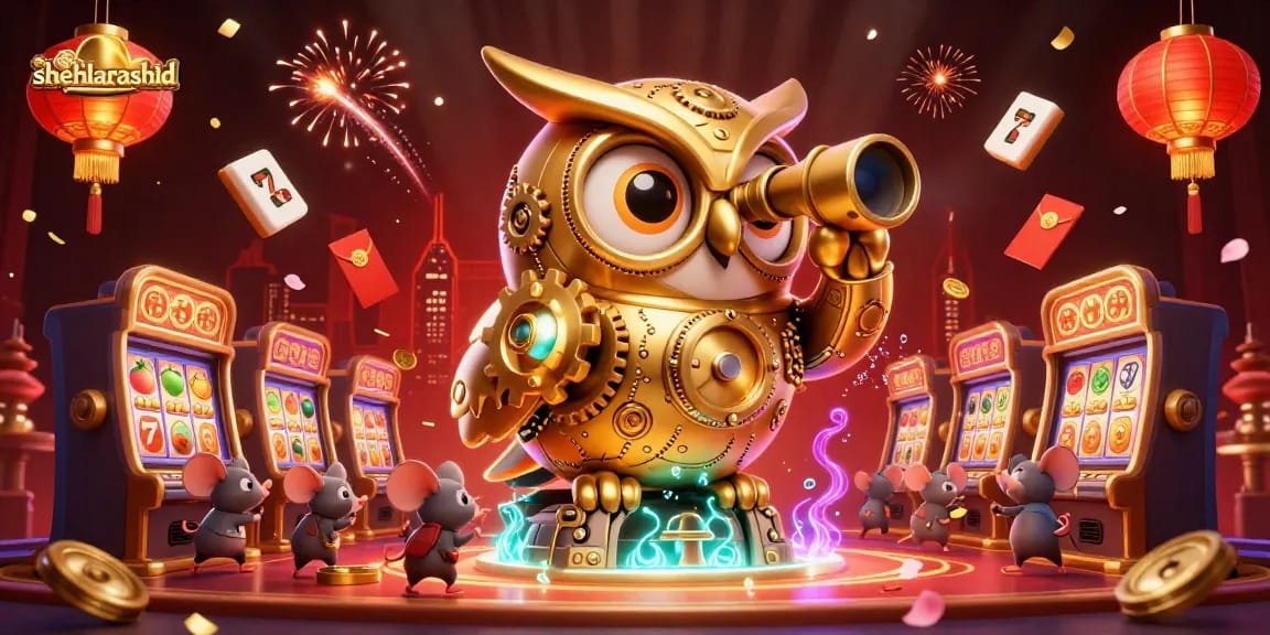 Experience the excitement of shehlarashid in a vibrant casino scene with clockwork owl and slot machines.