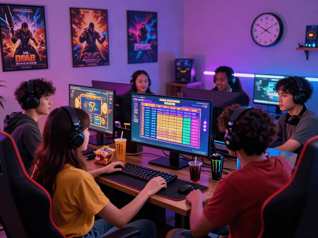 Tight-knit friends immersed in a thrilling togel online gaming session, showcasing excitement and vibrant game graphics.