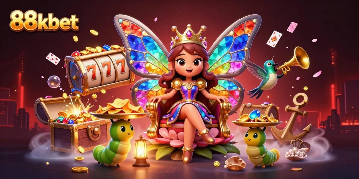 Engage in thrilling gaming experiences at 88kbet, showcasing vibrant slot reels and colorful gems.