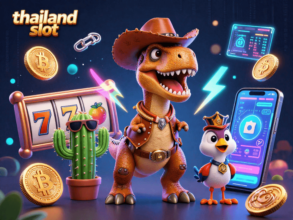 Experience thrilling action with thailand slot as a T-Rex cowboy, crypto coins, and vibrant slot elements collide!