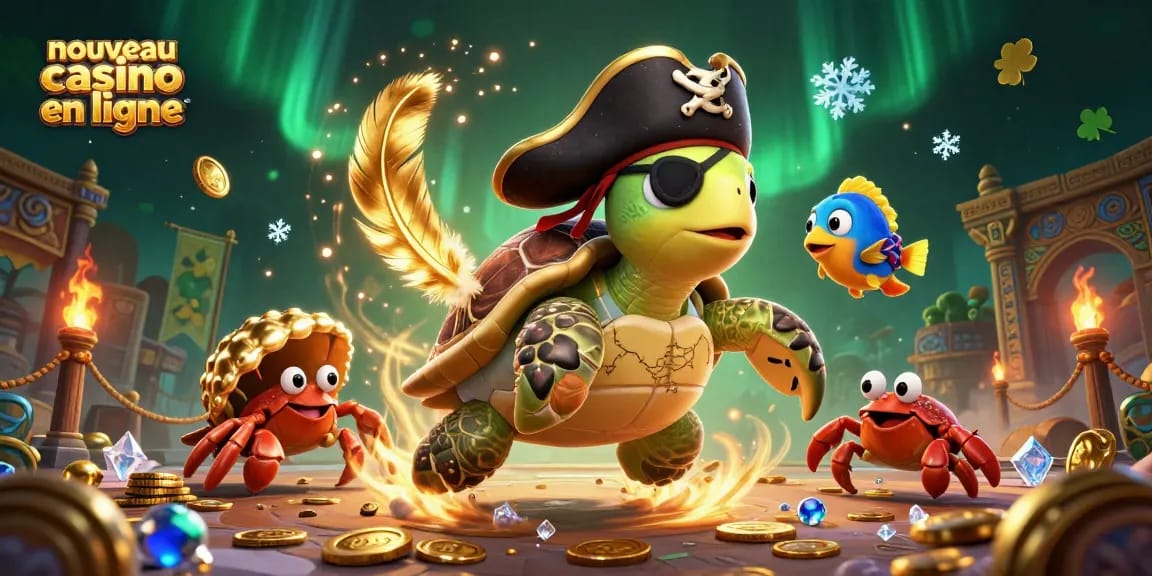 Illustration d'un nouveau casino en ligne, présentant une tortue pirate et des éléments de jeux