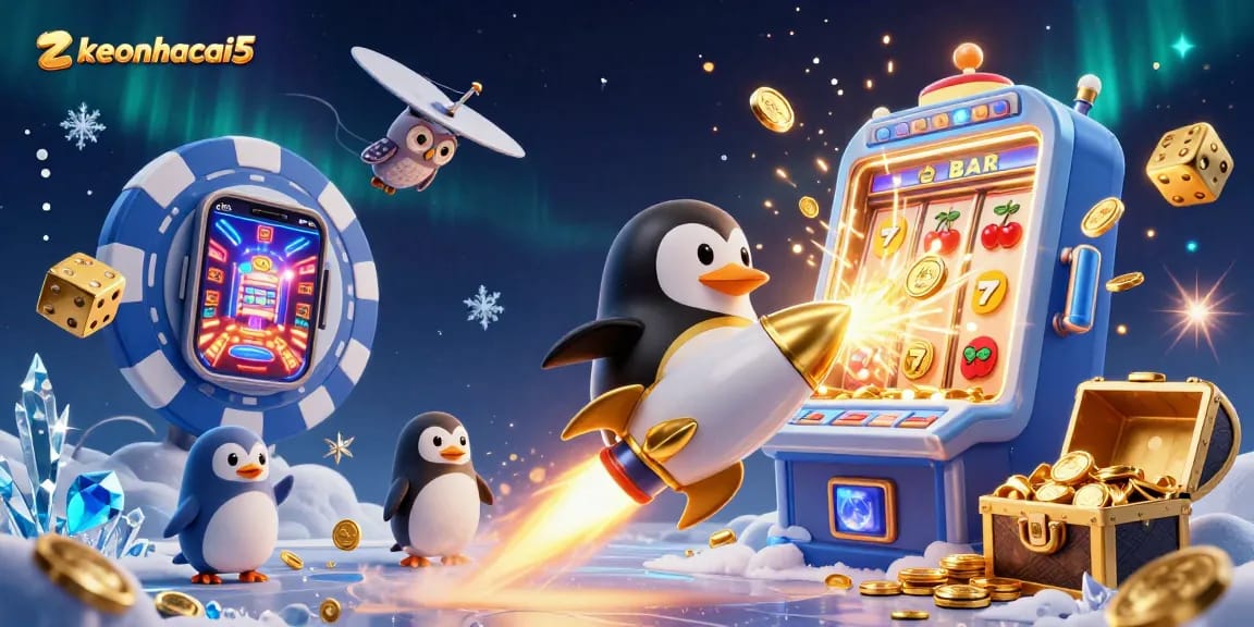 Experience zkeonhacai5 in this vibrant 3D illustration of a golden penguin entering a casino space station.