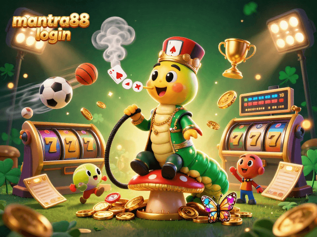 Experience thrilling gameplay with mantra88 login as a caterpillar hookah-master enjoys casino elements and golden coins.