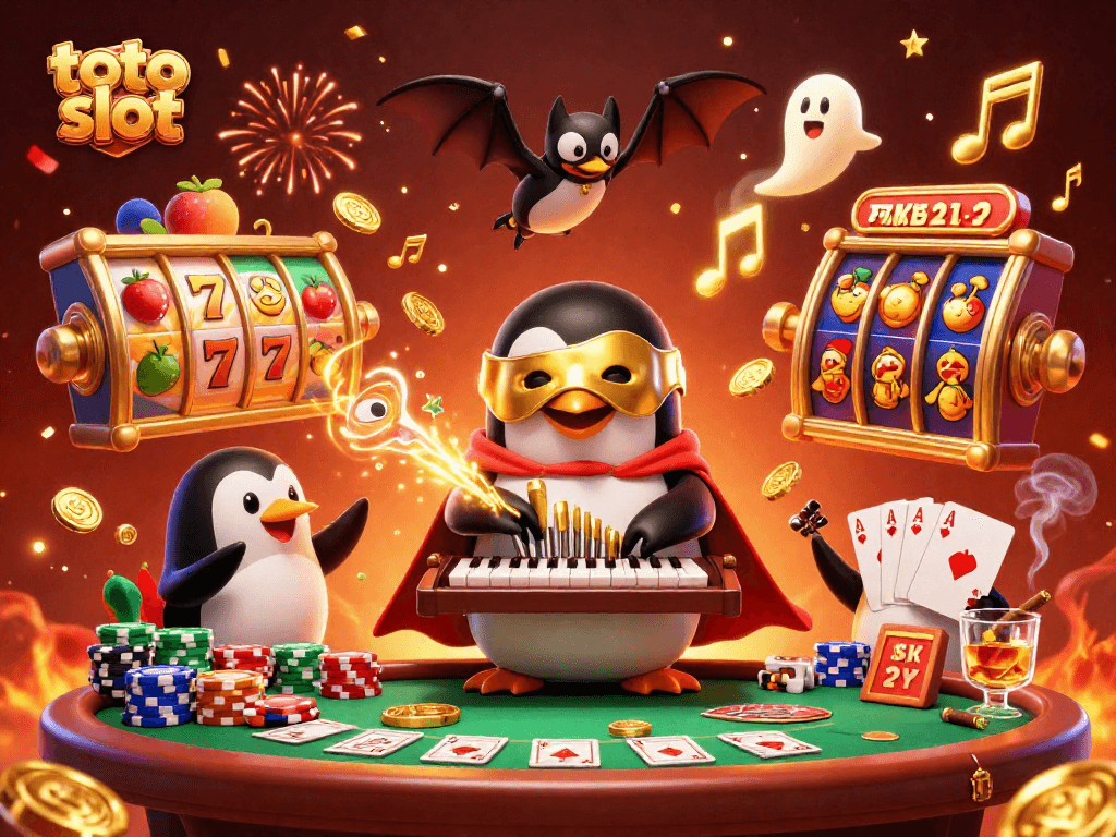 Menang besar di toto slot dengan gambar penguin opera dan elemen kasino yang meriah.