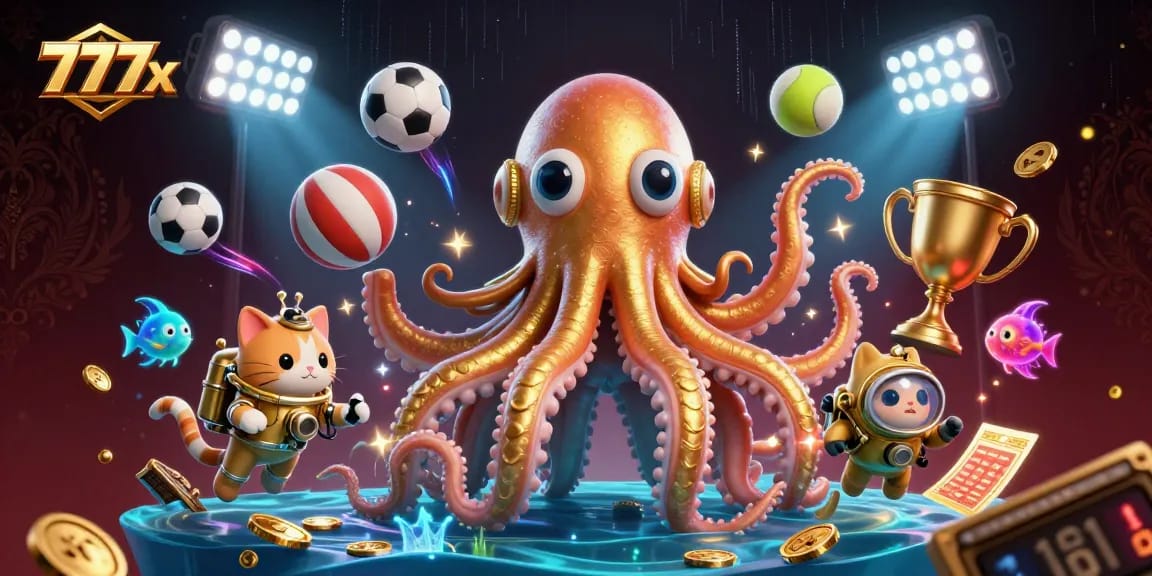 Catching big wins at 777x casino with a kraken, diving cat, and vibrant sports elements
