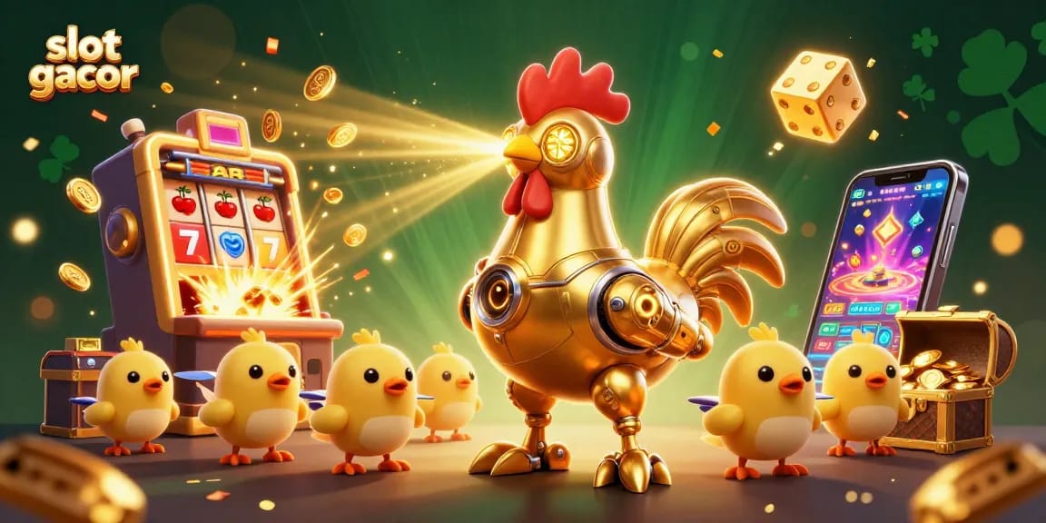 Menangkan slot gacor dengan karakter unik robot ayam emas dan elemen kasino penuh warna.