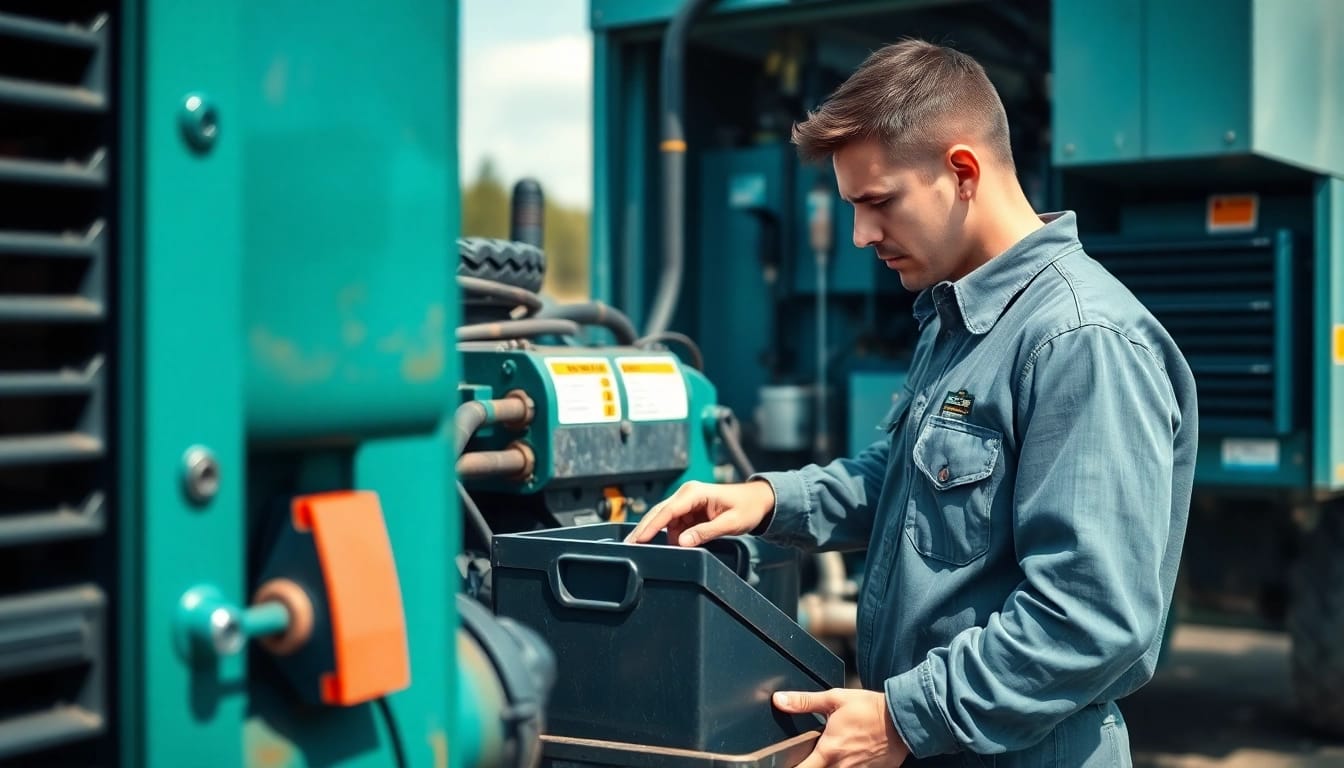 Mobile equipment service technician performing maintenance on heavy machinery outdoors.