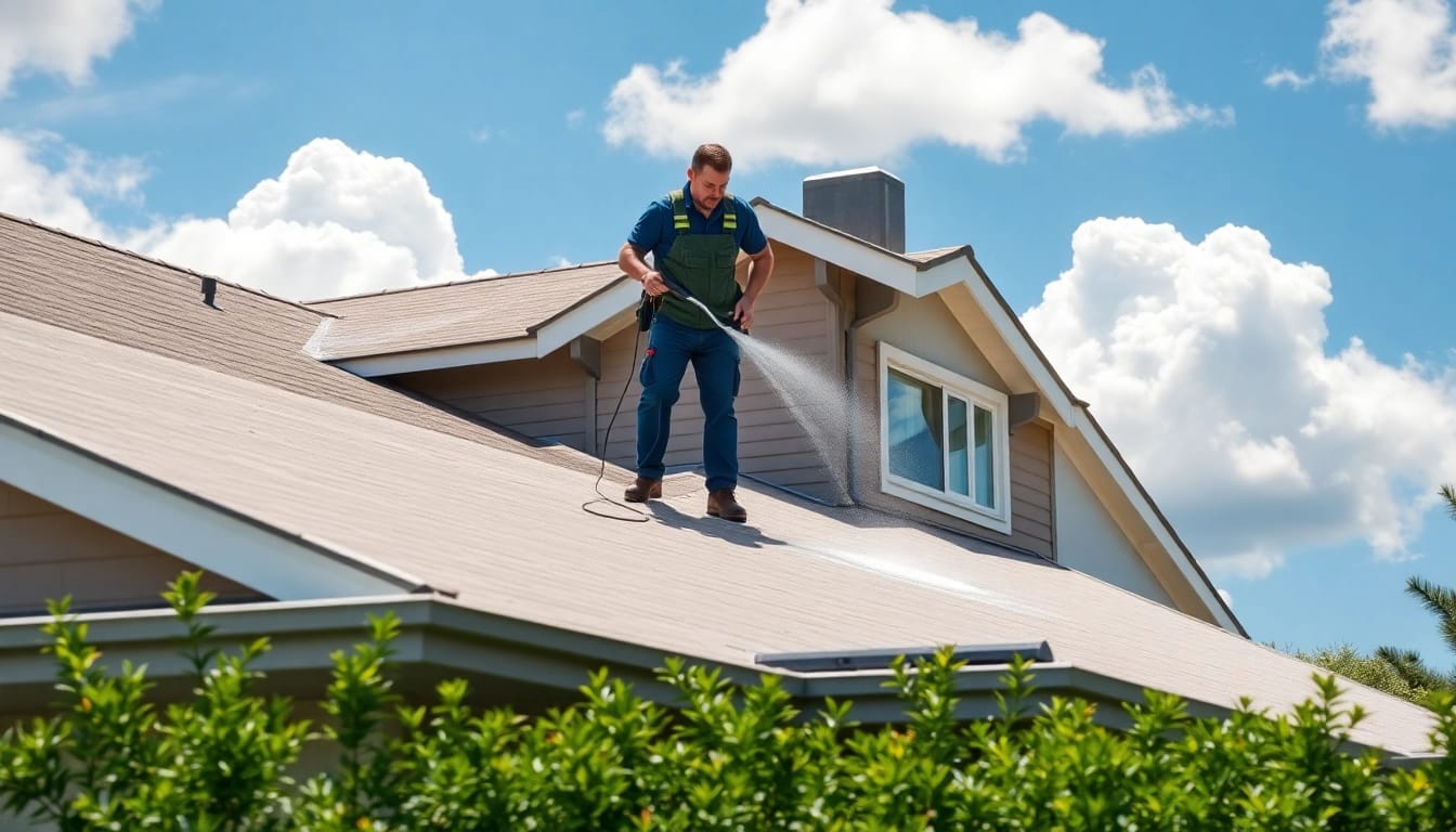 Technician performing roof cleaning using eco-friendly solutions on a residential roof.