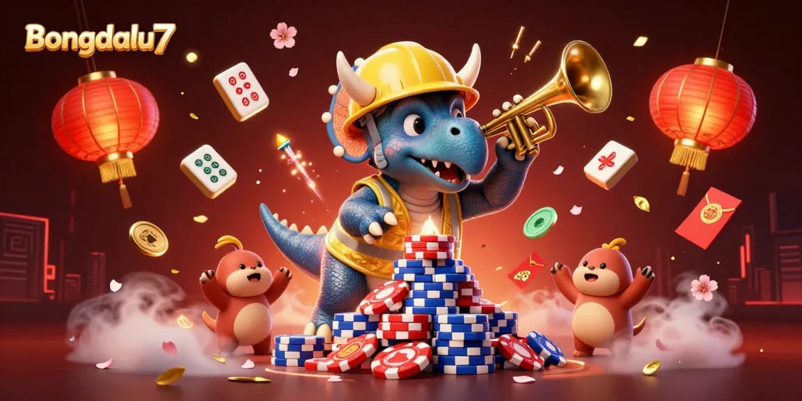 Bongdalu7 presents a dynamic scene with cartoon characters building poker chip pyramids, surrounded by festive elements, packed with gambling energy.