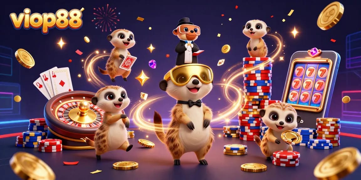 Experience the exciting casino scene at viop88 with playful meerkats and engaging game elements.