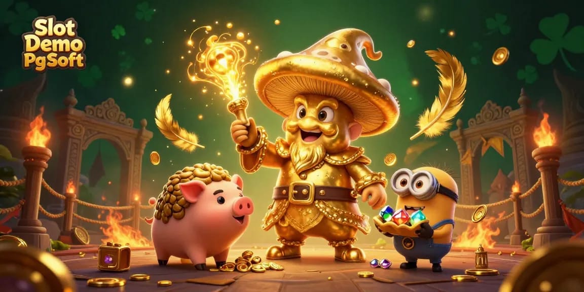 Experience exciting gameplay with Slot Demo Pg Soft featuring a wizard and treasure-seeking pig in a vibrant casino world.