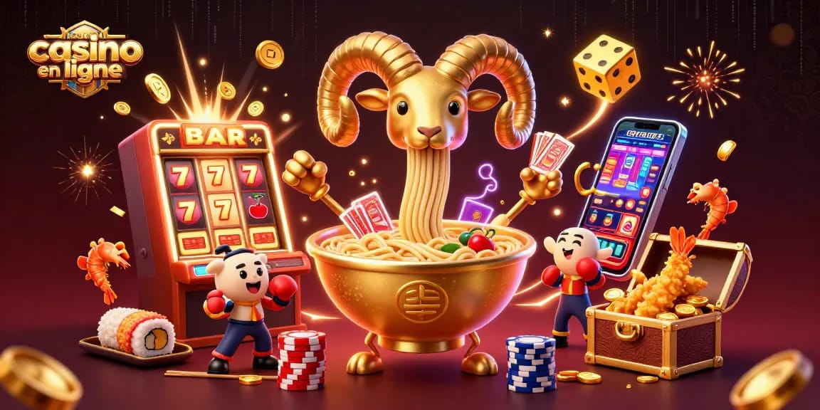 Gagnez au nouveau casino en ligne avec cette illustration dynamique d'un ramen jouant aux cartes.