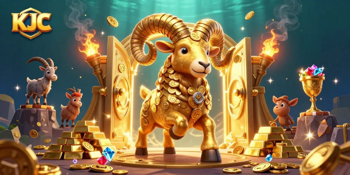 Experience the thrill of KJC with a golden ram symbolizing wealth at an exciting casino scene.