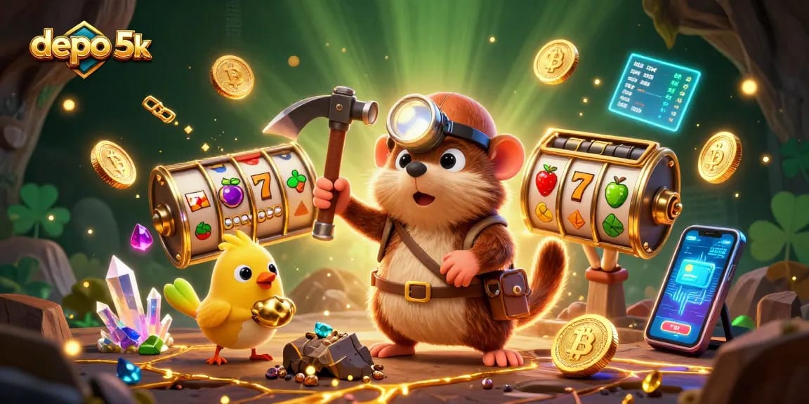 Menangkan permainan di depo 5k dengan grafis yang kaya, simbol slot dan petualangan kasino.