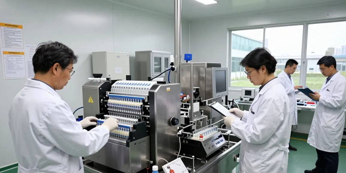 Pharmaceutical manufacturing company South Africa - technicians in sterile lab coats operating advanced production machines in cleanroom setting.