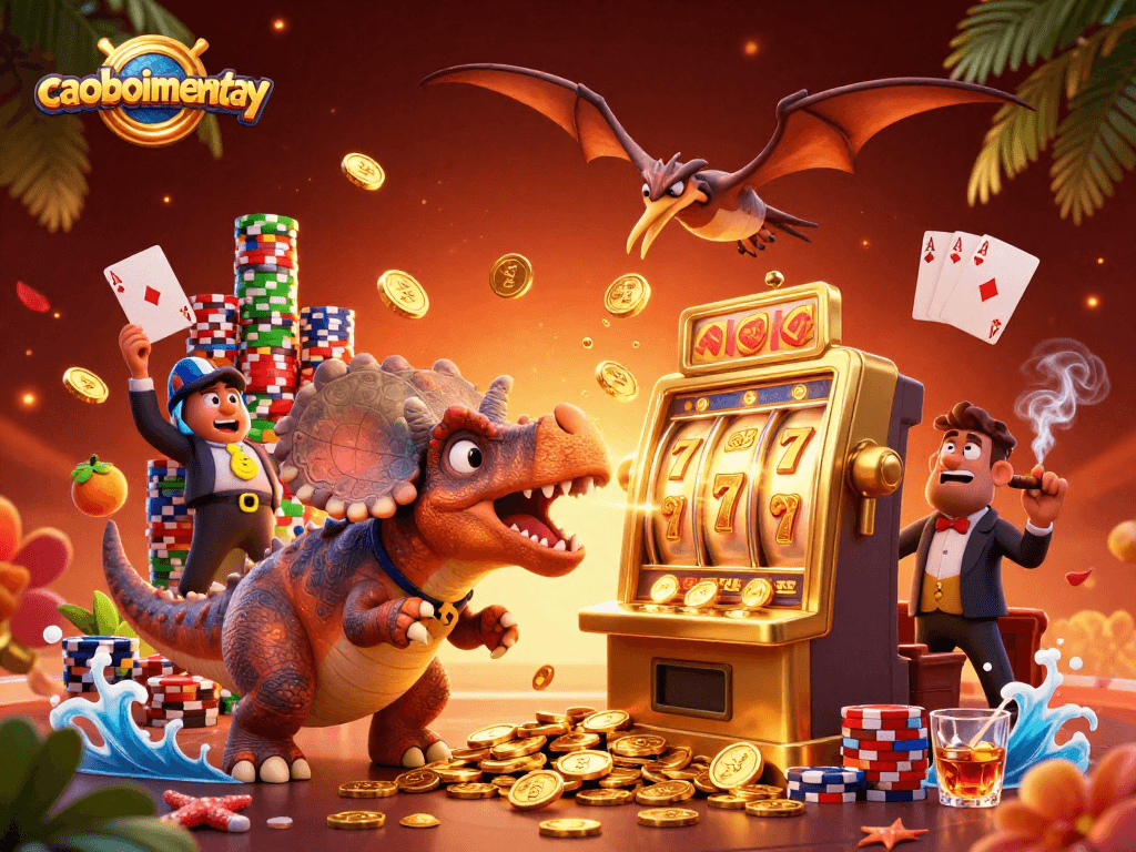 Watch the caoboimientay pachycephalosaurus smash a slot machine as coins fly in this lively casino scene.