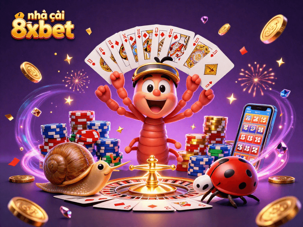 Experience the excitement of nhà cái 8xbet with a lively casino scene featuring a millipede dealer and high-roller snail.