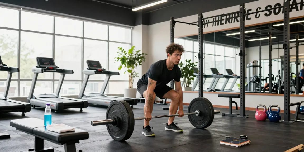 Driada Shop's fitness training scene showcasing a dedicated individual lifting weights in a modern gym environment, symbolizing strength and health.