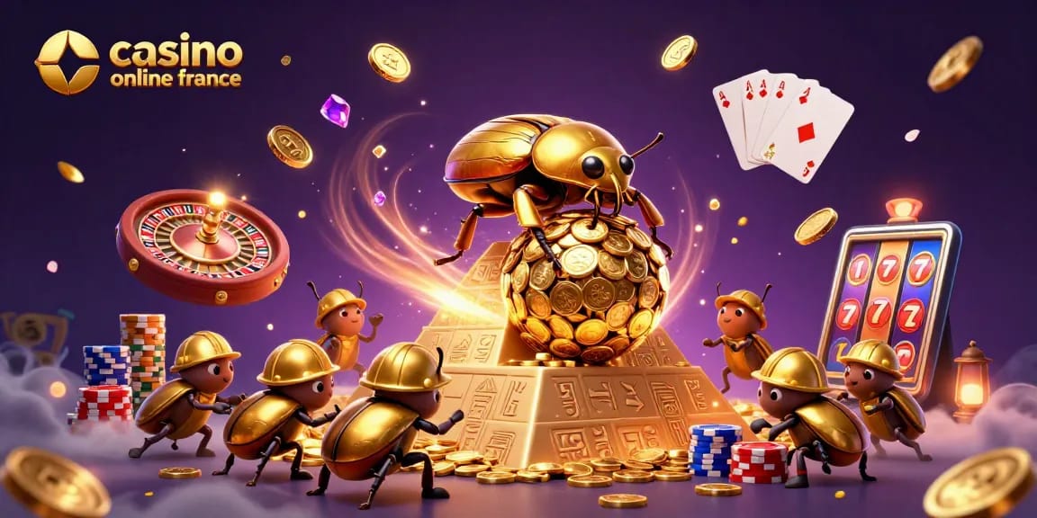 Visualisez l'univers du casino en ligne France avec ce scarabée doré puissant entouré de symboles de jeu.
