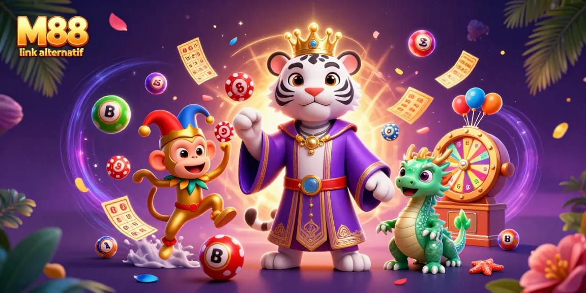Experience thrilling gameplay with M88 link alternatif, featuring a tiger in royal robes and gaming elements.
