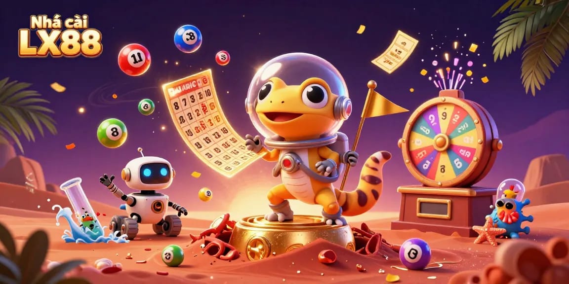 Engage with games at Nhà cái LX88 Casino with colorful lottery balls and exciting prizes in a dynamic scene.