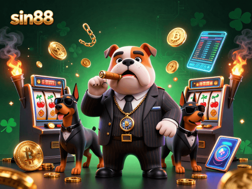 Engage with sin88 as the mafia bulldog leads a vibrant 3D cartoon casino scene filled with slot machines and cryptocurrency elements.