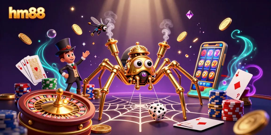 hm88 offers captivating gaming experiences with a steampunk theme featuring golden spiders and rolling dice.