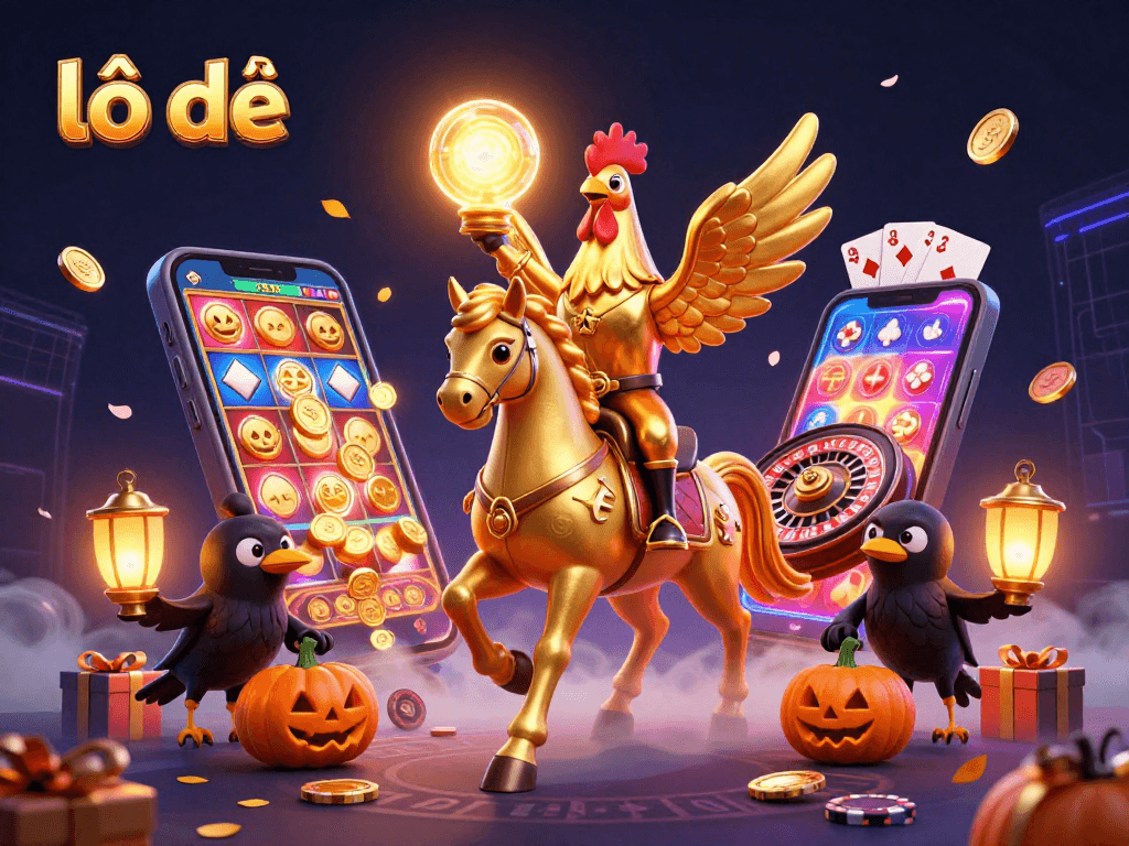 Engage in lô đề gaming with a vibrant 3D illustration of a golden rooster in a festive casino.