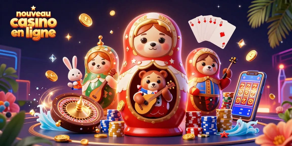 Profitez d'une expérience riche avec le nouveau casino en ligne, mettant en avant des ours matryoshka et des animations ludiques.
