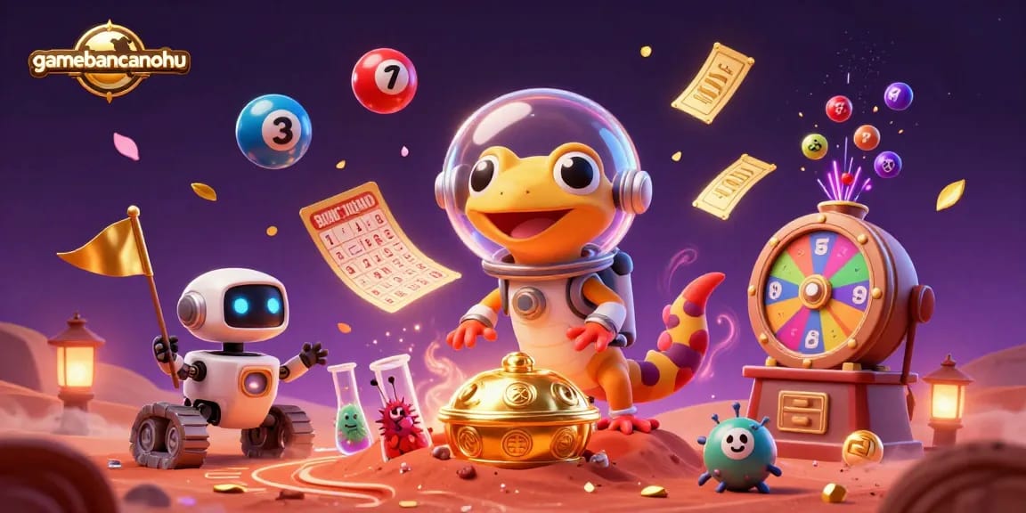 Experience gamebancanohu: A Martian gecko discovering a golden casino with dynamic lottery elements.