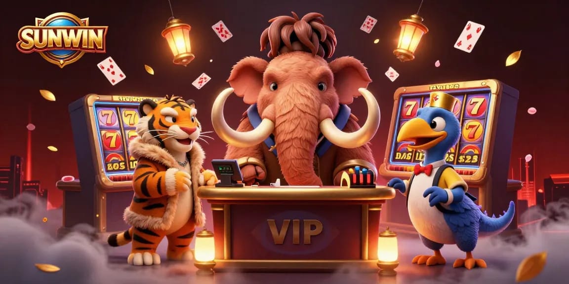 SUNWIN showcases a vibrant casino scene with a woolly mammoth bouncer checking IDs amidst lively slot machines and vivid characters.