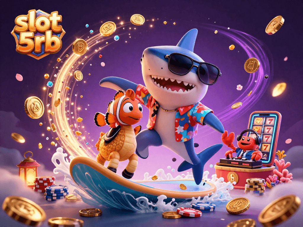 Play exciting slot 5rb games with a colorful 3D illustration showcasing a shark surfing on gold coins and slot reels.