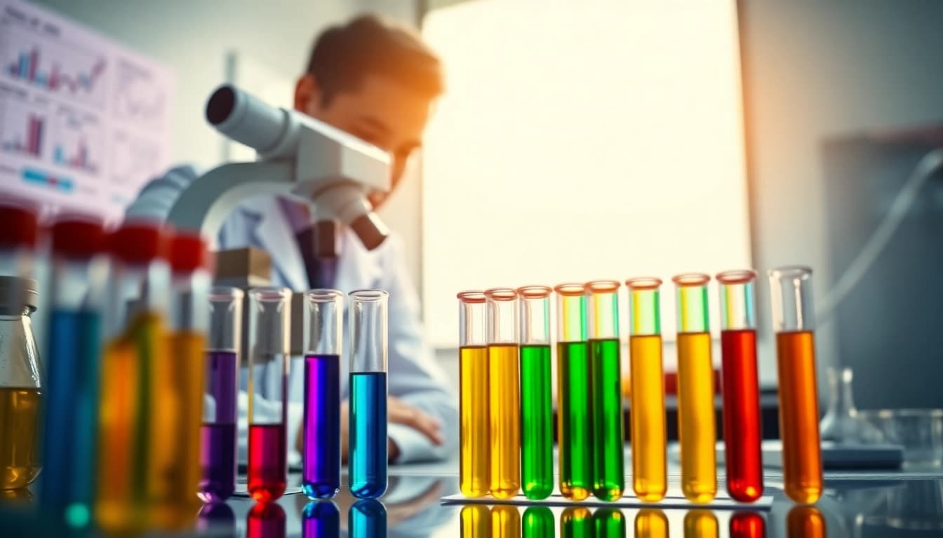 Examining peptides in a laboratory with colorful samples and graphs.