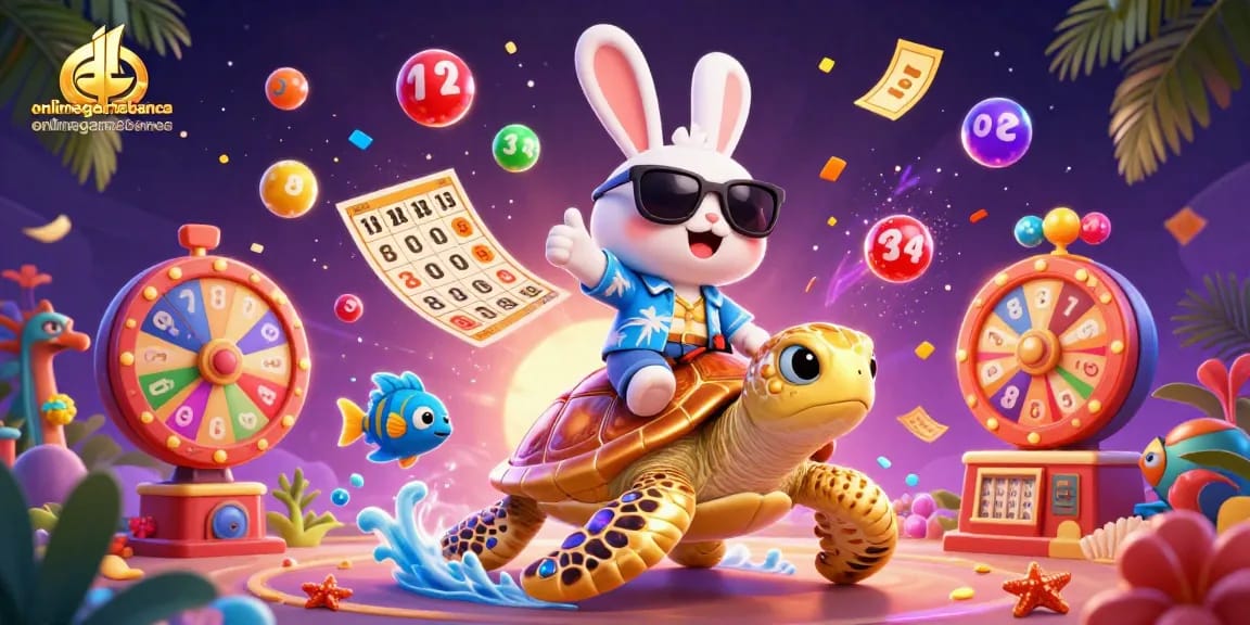 Engage with onlinegamebanca's vibrant scene showcasing a lucky rabbit and golden turtle amid dynamic lottery elements.