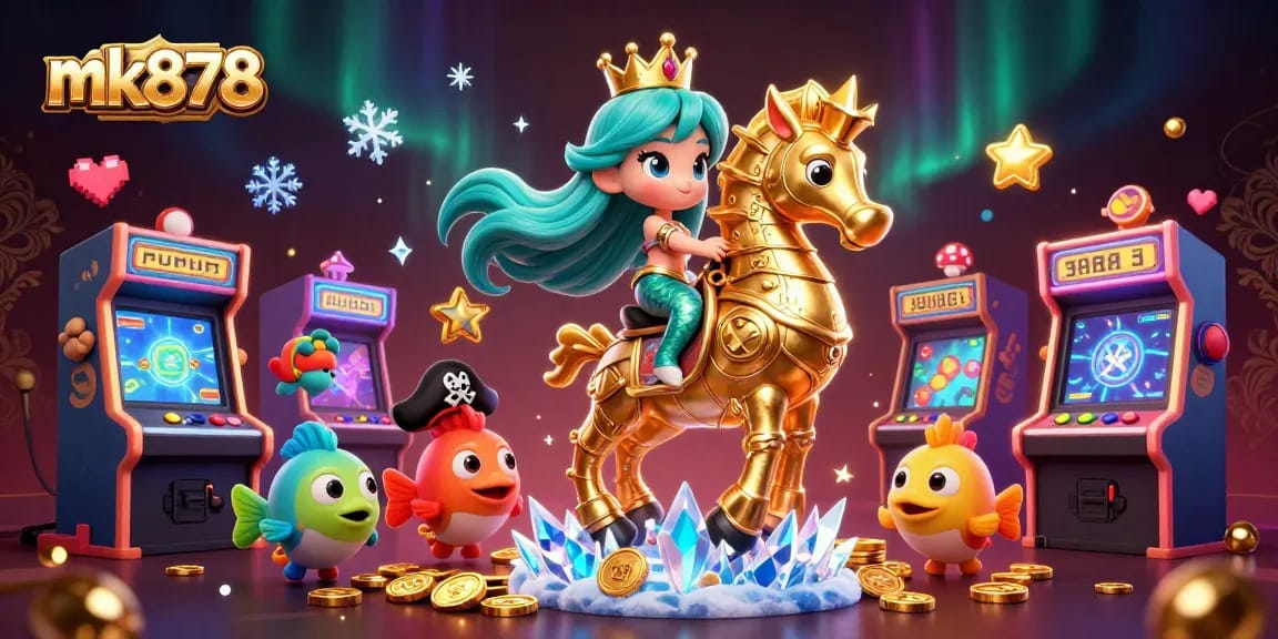 Experience excitement at mk878 with a vibrant 3D scene showcasing a mermaid princess and casino elements.