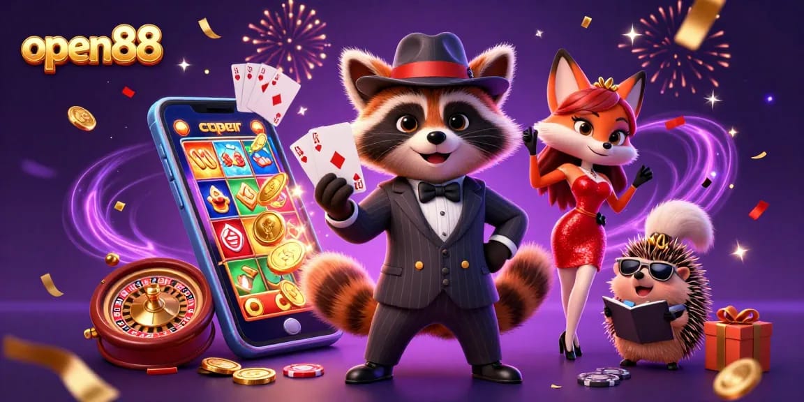 Win big with open88 in this exciting 3D casino scene featuring dynamic characters and slot games.