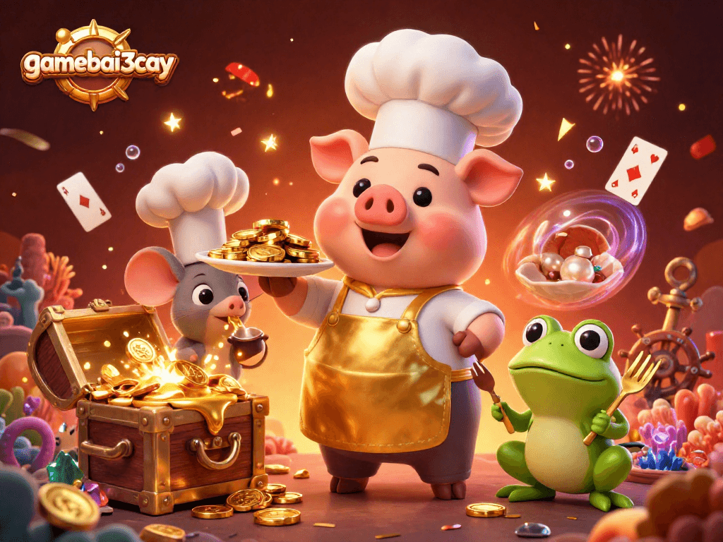 Experience the excitement of gamebai3cay with a chef pig serving gold coins at a vibrant casino scene.