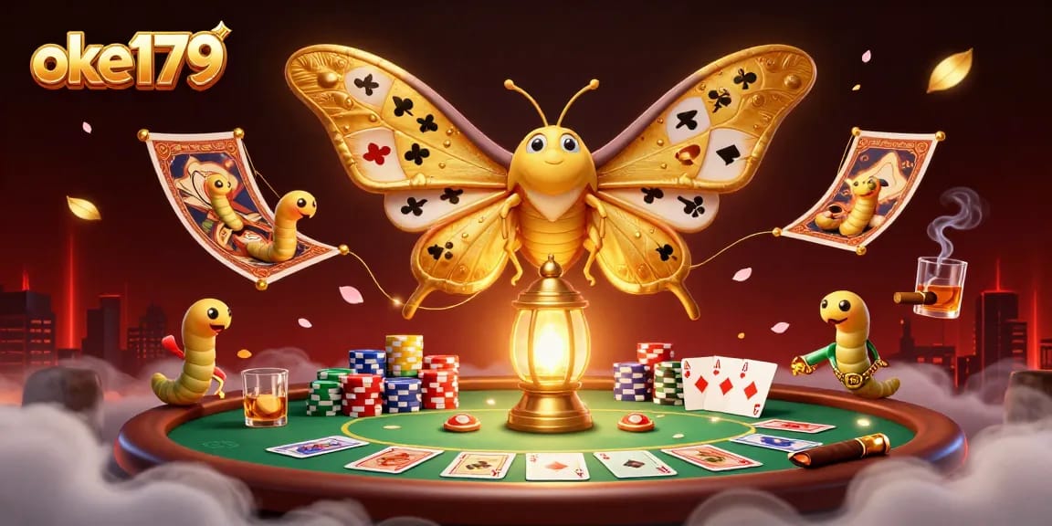 Experience the thrilling gaming atmosphere of OKE179, featuring vibrant casino scenes and a majestic moth.