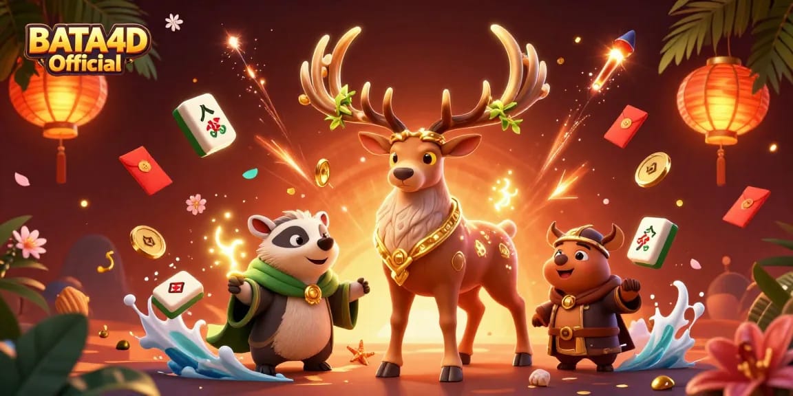 BATA4D Official showcases a vibrant 3D scene with a Celtic stag and wise badger in a magical casino landscape.