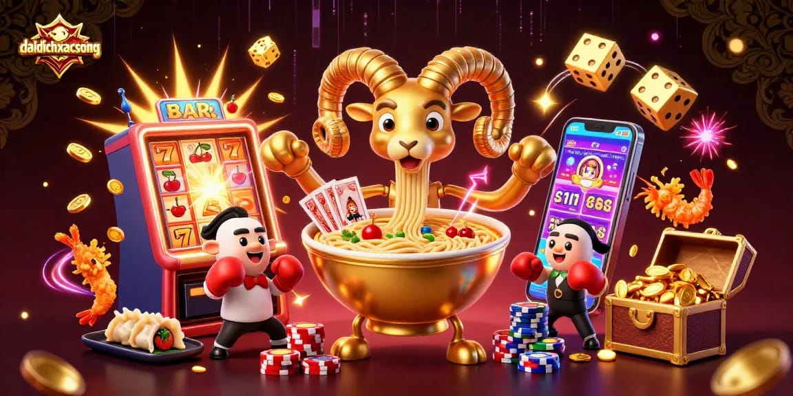 Daidichxacsong introduces exhilarating gameplay with a dynamic illustration of casino characters and elements.