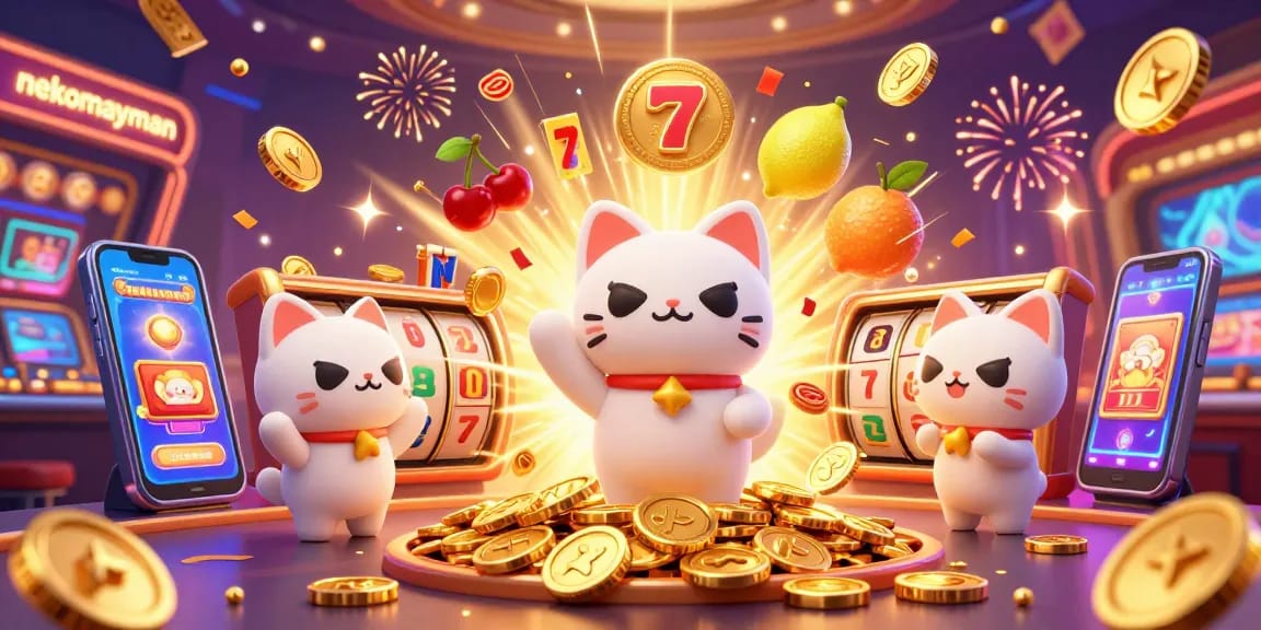 Neko May Mắn casino scene with exciting slot action and golden wins capturing the thrill of nekomayman gameplay.