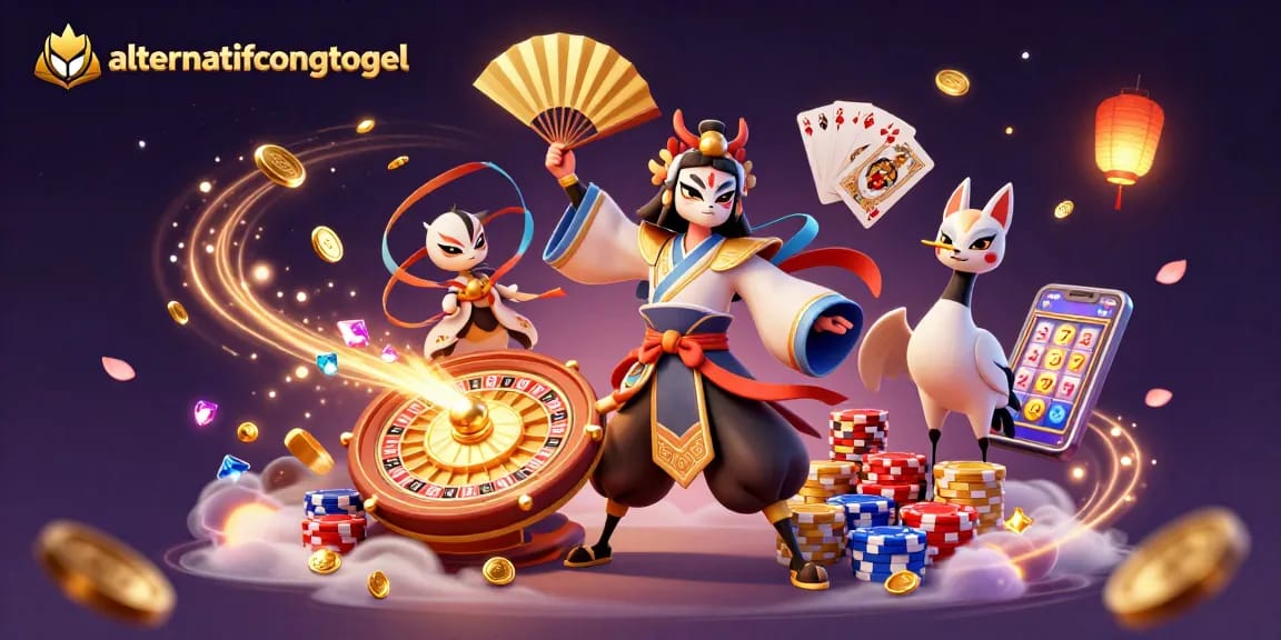 Engage your luck with alternatifcongtogel's vibrant colorful casino scene featuring iconic gaming elements.